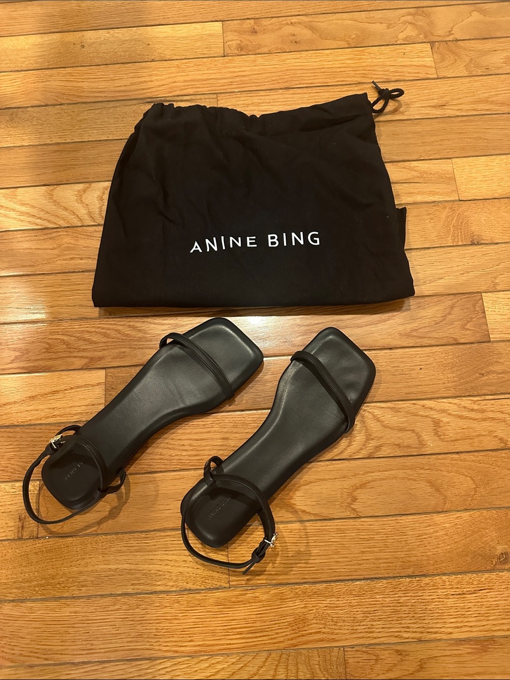 Anine Bing Black Minimalist Square-Toe Leather Sandals